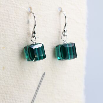 Emerald Green Crystal Cube Drop Hook Earrings, 2 of 12
