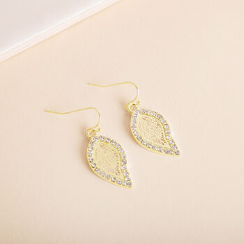 Gold Colour Crystal Encrusted Small Leaf Drop Earrings, 3 of 3