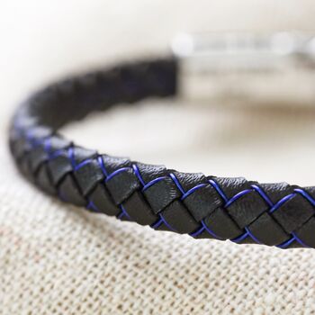 Men's Leather Black And Blue Woven Bracelet, 2 of 8