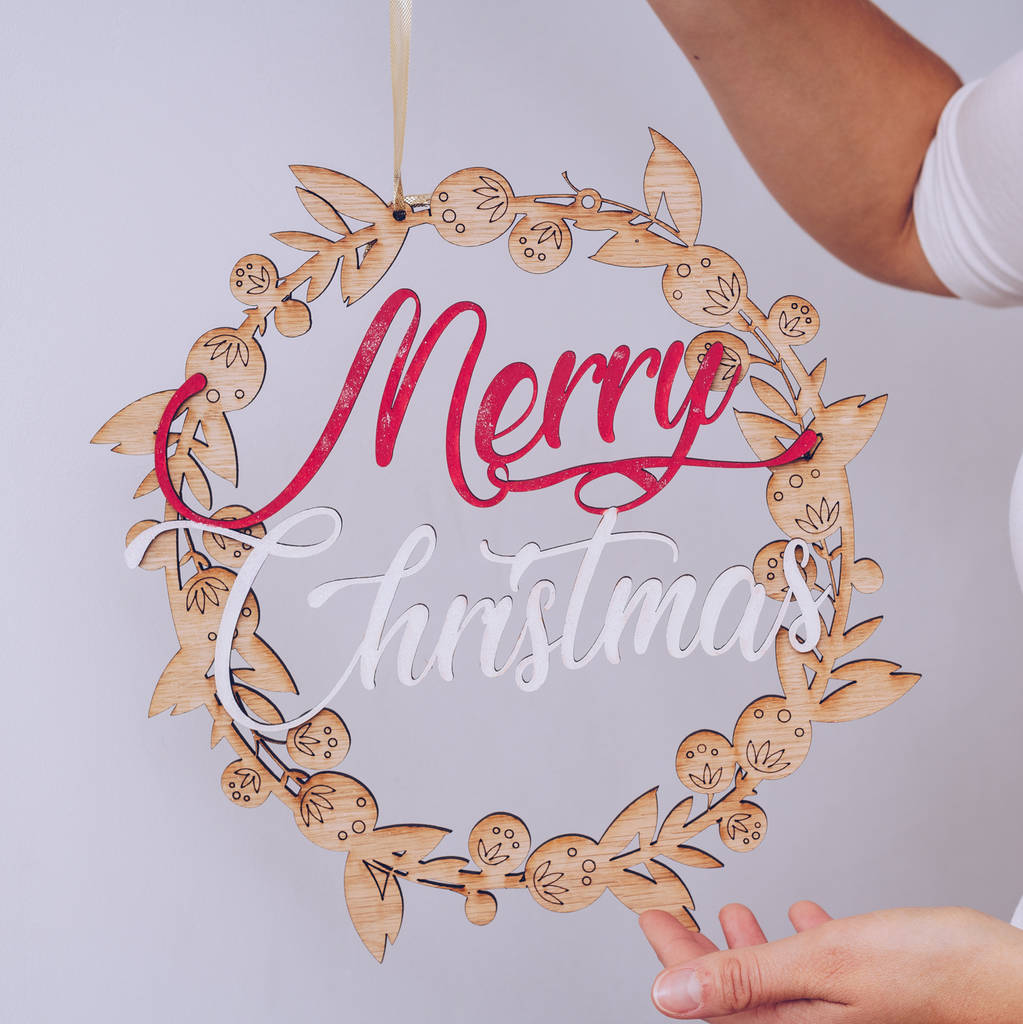 Ruby And White Wooden Happy Christmas Wreath