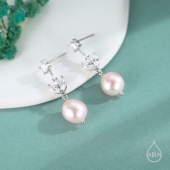 Sterling Silver Cz And Genuine Freshwater Pearl Drop Earrings, 3 of 11