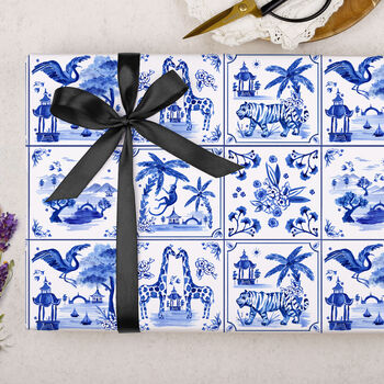 Three Sheets Of Blue Oriental Tile Wrapping Paper, 2 of 2