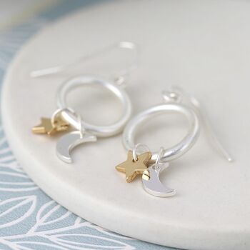 Moon And Star Gold Plated Hoop Drop Earrings, 2 of 3