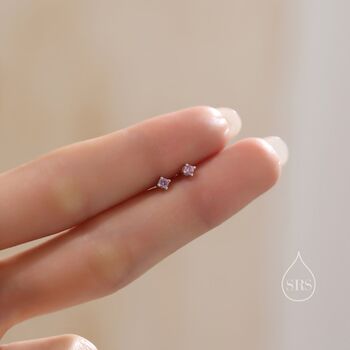 Sterling Silver Very Tiny 2mm Tourmaline Pink Cz Stud Earrings, 2 of 12