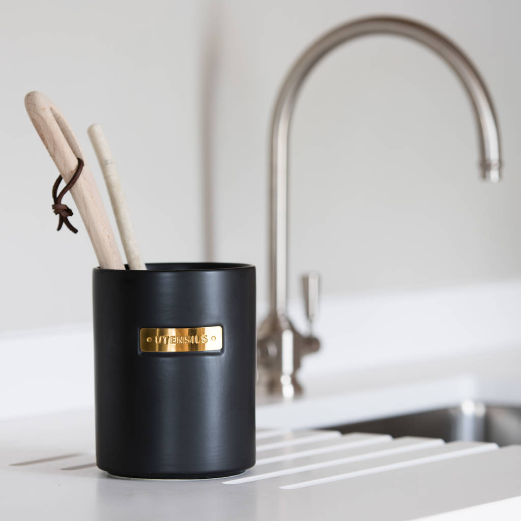 luxury stoneware and brass utensil holder by distinctly living