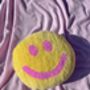 Handmade Tufted Yellow And Pink Smiley Face Cushion, thumbnail 1 of 5