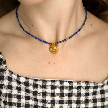 Blue Gemstone And Sun Talisman Coin Necklace, 2 of 3