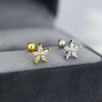 Sterling Silver Cz Flower Barbell Earrings, 2 of 12