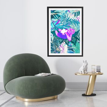 Pink Sloth In The Neon Jungle Tropical Wall Art Print, 2 of 4