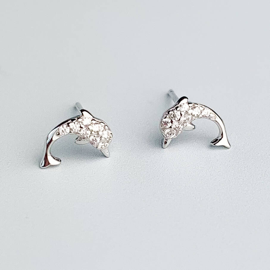 Sterling Silver Crystal Dolphin Stud Earrings, 1 of 5