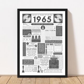 Personalised 1965 Music Print 60th Birthday Gift, 5 of 8