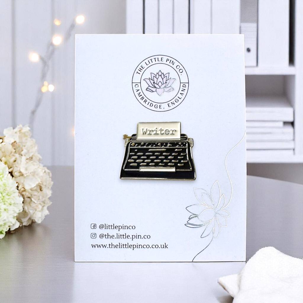Black Vintage Typewriter Writer's Enamel Lapel Pin Badge, Gift For Writers And Bloggers, 1 of 9