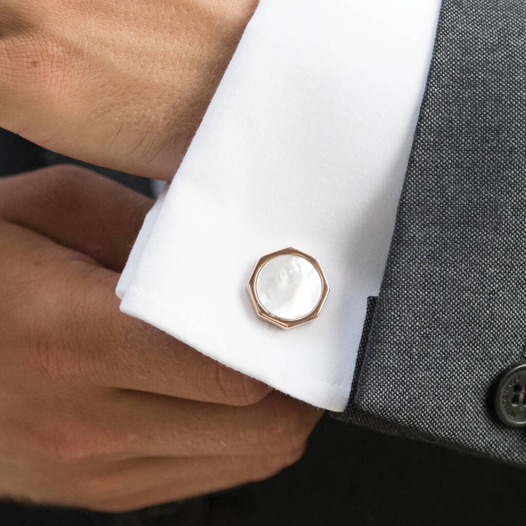 Rochester Rose Gold Plated Mother Of Pearl Cufflinks, 1 of 6