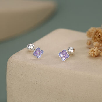 Sterling Silver Purple Hydrangea Flower 18 G Screw Back Stud Earrings With Ball Backs, 2 of 10