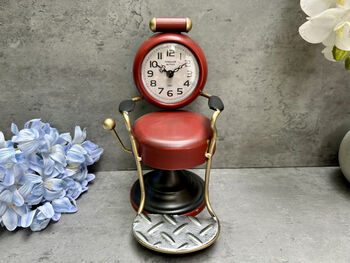 Barber’s Chair Table Clock – Red And Black Metal Ornament, 9 of 12