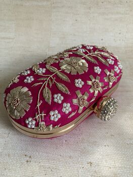 Hot Pink Raw Silk Oval Pearl Clutch Bag, 7 of 10