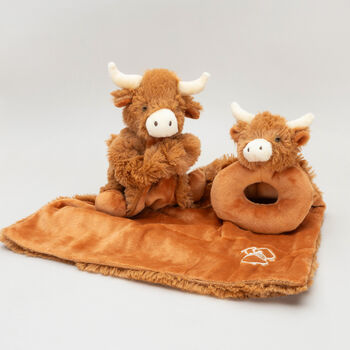 Longhorn Highland Cow Toy Soother And Rattle Gift Set, 3 of 11