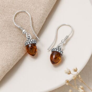 Sterling Silver Baltic Amber Acorn Drop Earrings, 3 of 4