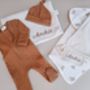 Personalised New Baby Gift Set, Handmade Newborn Blanket And Comforter With Wooden Teether, thumbnail 1 of 8