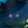 Sterling Silver Tiny Blue Opal Flower Stud Earrings, thumbnail 3 of 11