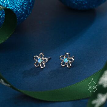 Sterling Silver Tiny Blue Opal Flower Stud Earrings, 3 of 11