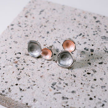 Matte Silver And Dusky Pink Irregular Double Disc Small Stud Earrings, 2 of 3