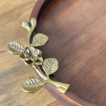 Mango Wood Round Tray With Antique Gold Handles, 3 of 12