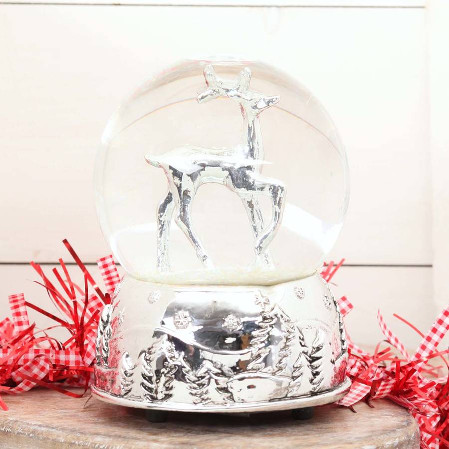 Christmas Silver Stag Musical Snow Globe Dome By red berry apple
