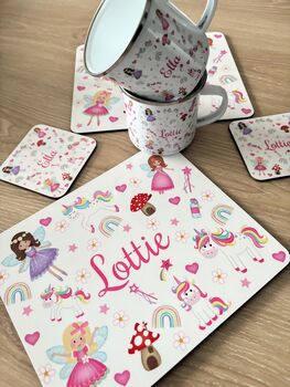 Kids Personalised Fairy And Unicorn Placemat, Coaster And Mug Dinner Set, 10 of 10