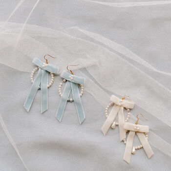 Ivory Pearl And Velvet Bow Bridal Hoop Earrings, 8 of 9