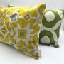 Oblong Velvet Ikat Cushion Yellow And Grey Heart, thumbnail 3 of 7