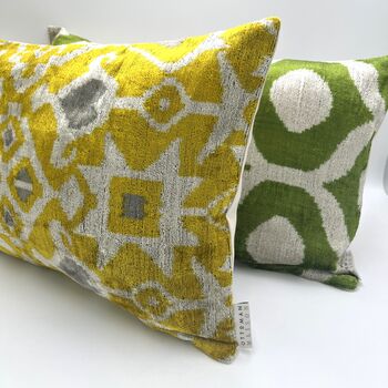 Oblong Velvet Ikat Cushion Yellow And Grey Heart, 3 of 7