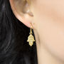 Gold Plated Sterling Silver Fatima Hand Dangly Earrings, thumbnail 2 of 4