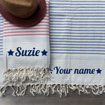 Personalised Beach Towel, Leather Carrier Strap, 2 of 7