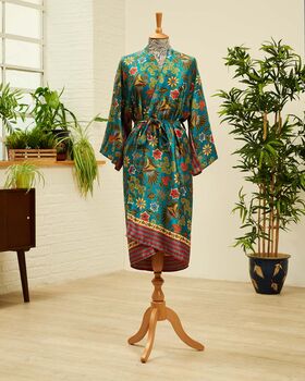Green Silk Blend Kimono Robe, 4 of 4