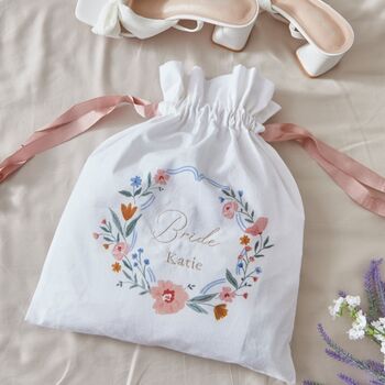 Personalised Wildflower Wedding Embroidered Keepsake Drawstring Bride Bag, 2 of 6