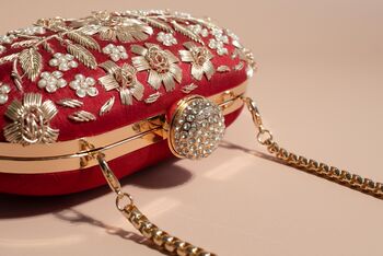 Asha, Oval Red Silk Embroidered Clutch, 4 of 5