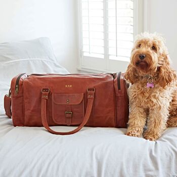 Personalised Brown Leather Holdall With Zipped Pockets, 3 of 12