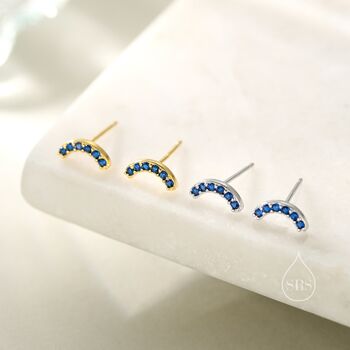 Sterling Silver Sapphire Blue Cz Curved Bar Tiny Stud Earrings, 3 of 12