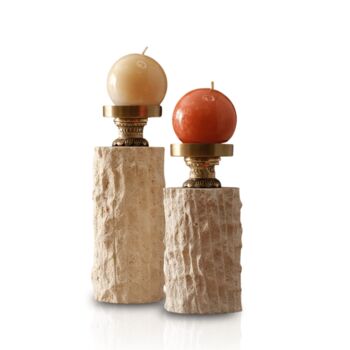 Set Of Two Travertine Candle Holder Pair With Brass Tops, 2 of 2