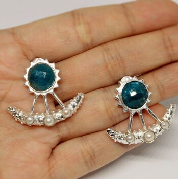 Blue Apatite, Pearl Silver Earrings, 2 of 12