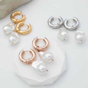 Drop Pearl Earrings On Chunky Hoops, 4 of 10