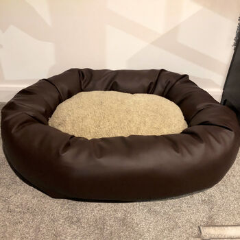 Vegan Leather Donut Dog Bed With Sherpa Fleece Cushion, 4 of 12