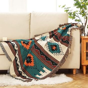 Mexican Blanket Furniture Throw In Green, Orange And Cream, 4 of 8