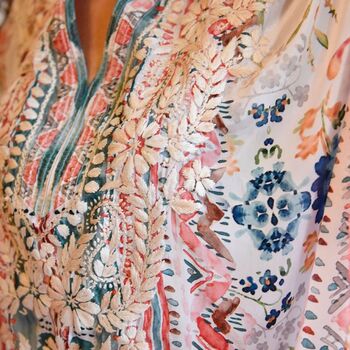 Watercolour Floral Viscose Kaftan With Heavy Cream Fishbone Embroidery, 3 of 7