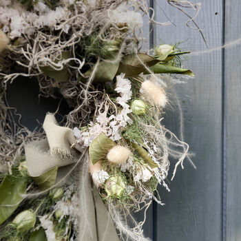 Nigella Dried Wreath With Bay And Statice 'Bay White', 3 of 6