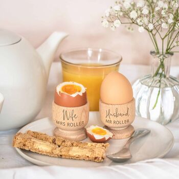 Personalised Wooden Husband And Wife Egg Cups, 2 of 2