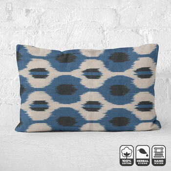 Bohemian Blue, Black And Beige Ikat Cushion Cover, 3 of 6