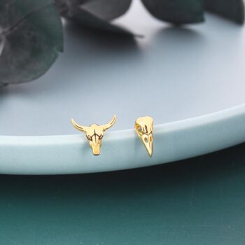 Mismatched Sterling Silver Bird Skull And Bull Skull Stud Earrings, 6 of 11