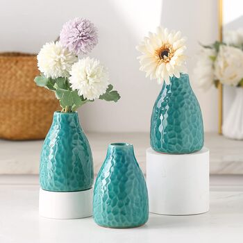 Set Of Three Glazed Blue Green Ceramic Flower Vase, 4 of 5